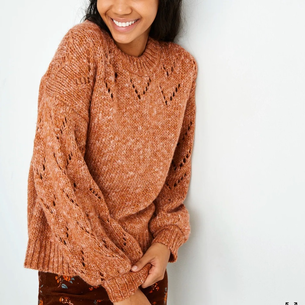 EUC Madewell Pointelle Bubble-Sleeve Pullover Sweater in Marled Acorn Size M